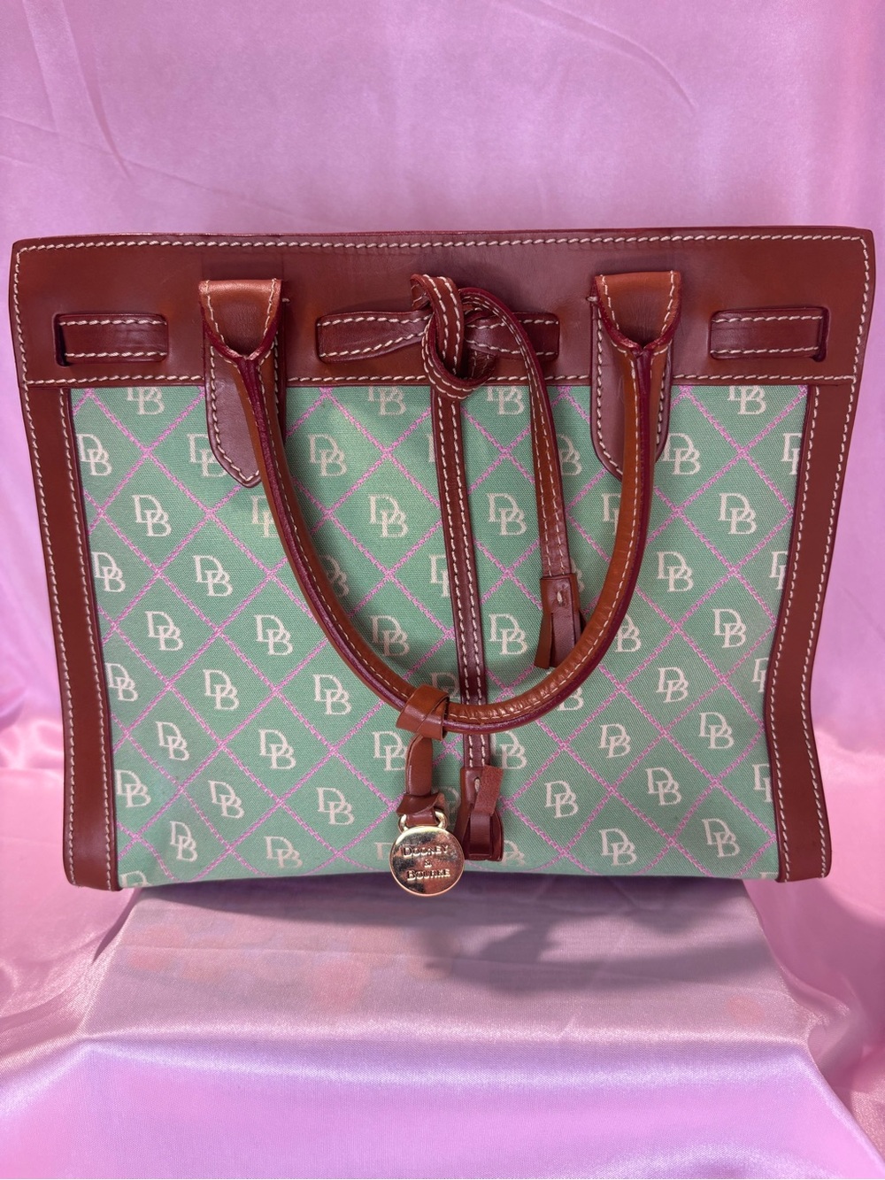 Dooney & Bourke Mint Green Canvas Tote with Brown Leather Trim